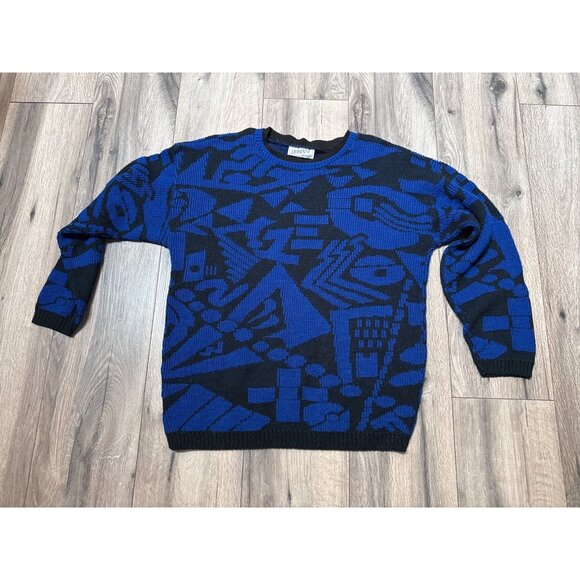 Domani Other - Vintage Domani Blue & Black Abstract Pattern Sweater Grandpa Academia Made In US